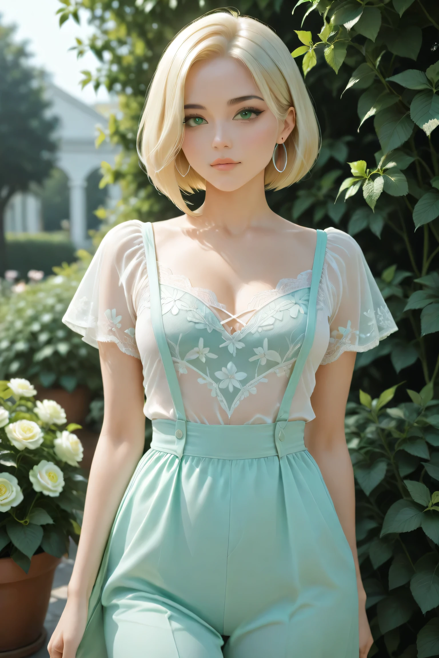 "A Korean style short-sleeved blouse for women, made from sheer mesh fabric with delicate lace embroidery. The blouse is pure white, loose-fitting and lightweight, perfect for summer. It features a rounded neckline, semi-transparent sleeves with floral lace trim, and a soft, flowing silhouette that falls slightly over the hips. The model is a stylish product reseller with a sleek white-blonde bob haircut, clear blue eyes, wearing natural minimal makeup and silver hoop earrings. The overall look is elegant, light, and feminine, suitable for casual outings or brunch with friends.
The background should be a soft and dreamy pastel garden terrace during early morning light — pale florals, white railings, and soft greenery in the distance. The colors should complement the airy white blouse, using tones like soft pink, cream, and mint green. Use natural lighting with gentle shadows. Highlight the blouse's texture, lace details, and subtle fabric movement."