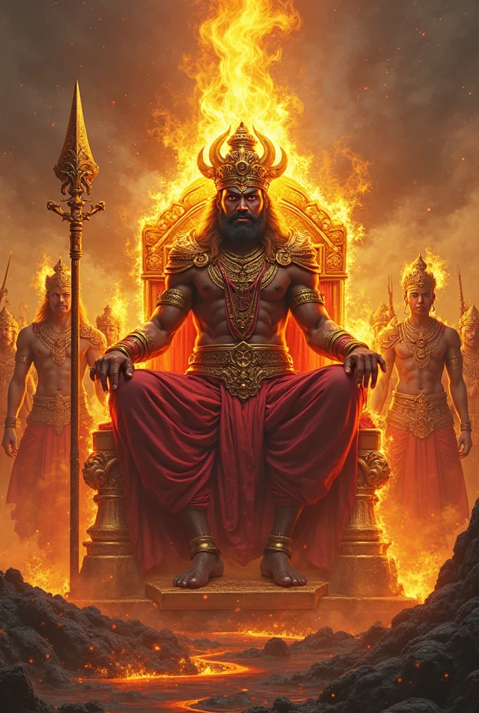 Ravan, with his ten heads, sits before a grand fire pit, surrounded by a circle of priests in a dark, sacred chamber. The flickering flames dance in the dimly lit room as Ravan begins the havan, chanting ancient Sanskrit mantras with a commanding presence. Smoke rises, and the scent of incense fills the air as the evil king seeks divine power from the fire, his eyes blazing with determination. The room is filled with an eerie, unsettling energy as Ravan's havan intensifies, casting ominous shadows on the walls. --auto --s2