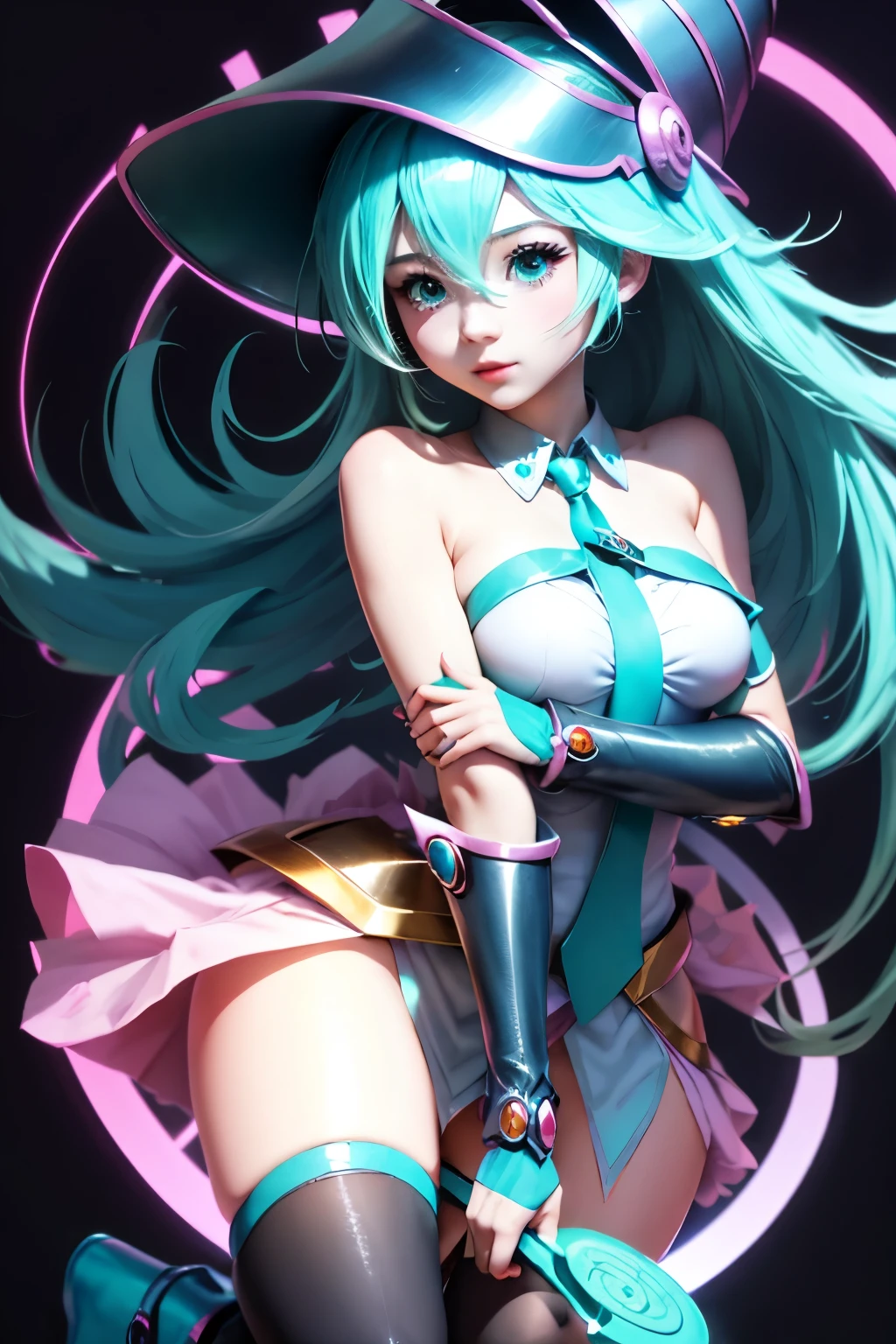 Hatsune Miku disfrazada de dark magician gils. Pose sexy y sensual. Grandes tetas. Disfraz de dark magician gils