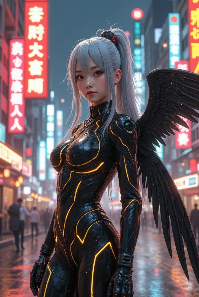 a hyperrealistic cinematic scene featuring a cybernetic alien owl. Render intricate metallic feathers and glowing cyber enhancements with photorealistic precision. Place the owl in a futuristic alien environment with dramatic lighting to accentuate its extraordinary presence. This detailed artwork should captivate viewers with its blend of technology and otherworldly aesthetics, appealing to sci-fi enthusiasts. masterpiece, best quality, extremely detailed 8K wallpaper, 1girl, outdoors, Helena(Azur lane),strapless dress, dress, layered dress,white flower, hair ornament, purple eyes, (choker), outline, (black gloves), bare legs,