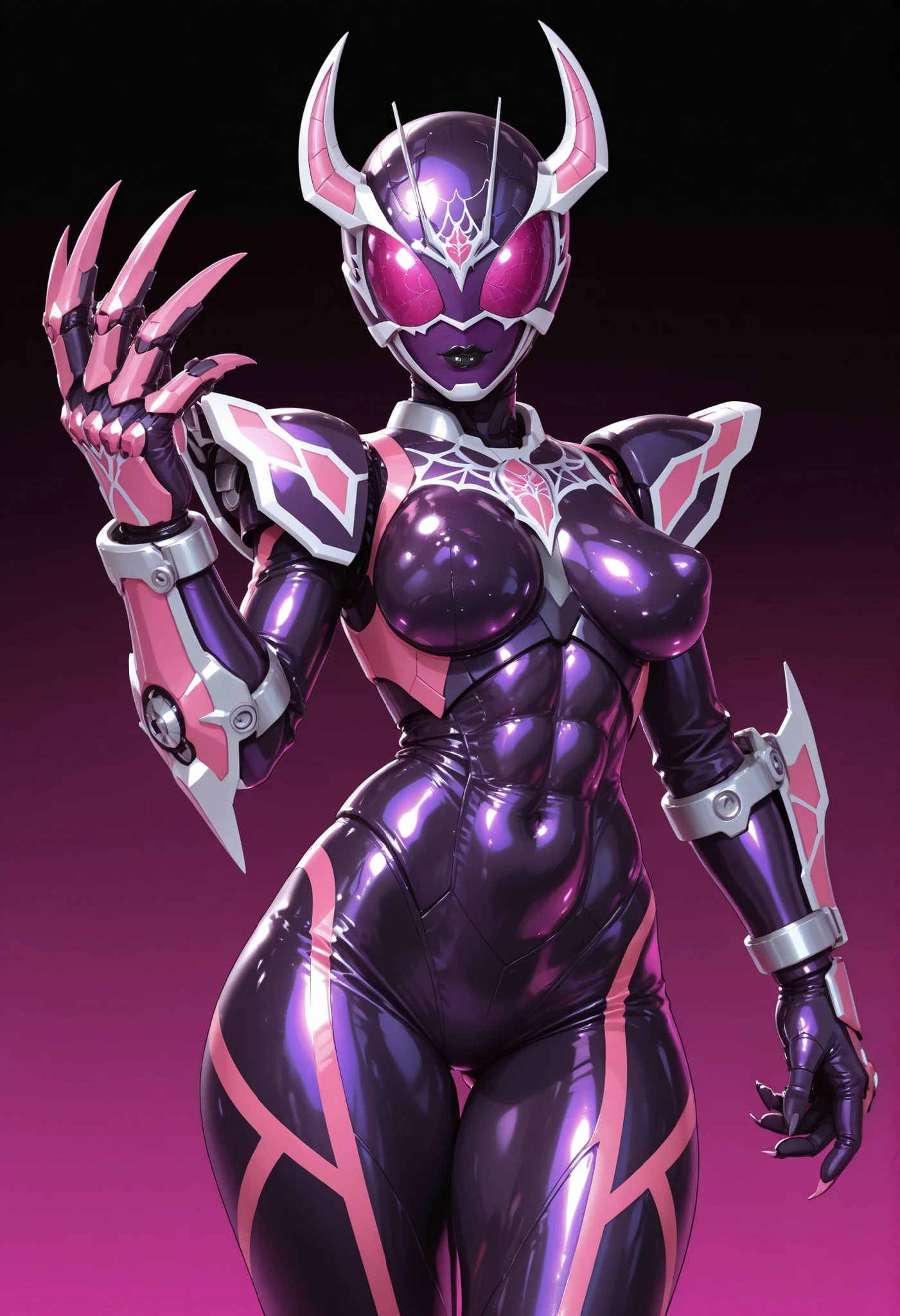 A robotic girl. Spider motif. Kamen Rider design lines. Biological machine. Graphite and purple image colors. Latex and metallic texture. Face helmets. Strap helmets. Spider web helmets. Stud costumes. Spiky. Devil horns. Black lips. Perky breasts. Abs. Curvy waist. Thighs. Pink sharp claws. Bladed gauntlet. Spider legs coming out of the body. Mechanical insect elements.