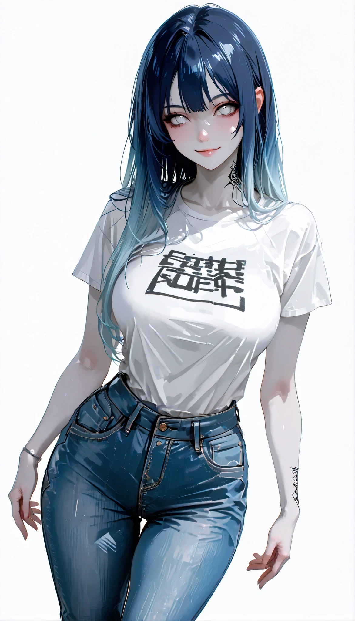 score_9, score_8_up, score_7_up, score_6_up, 1girl, Hinata_Hyūga, Waist-length hair, straight hair, Dark blue hair, (Light Red) gradient hair, White eyes, cute face, Large breasts, curvy, large hips, pale skin, (cyan) t-shirt, denim lants, posing, pinup pose, white background, aesthetic, Rear-angle view, Front-Angle View, standing, face Full Body, Little wrist tattoo, Front dutch angle, smiling