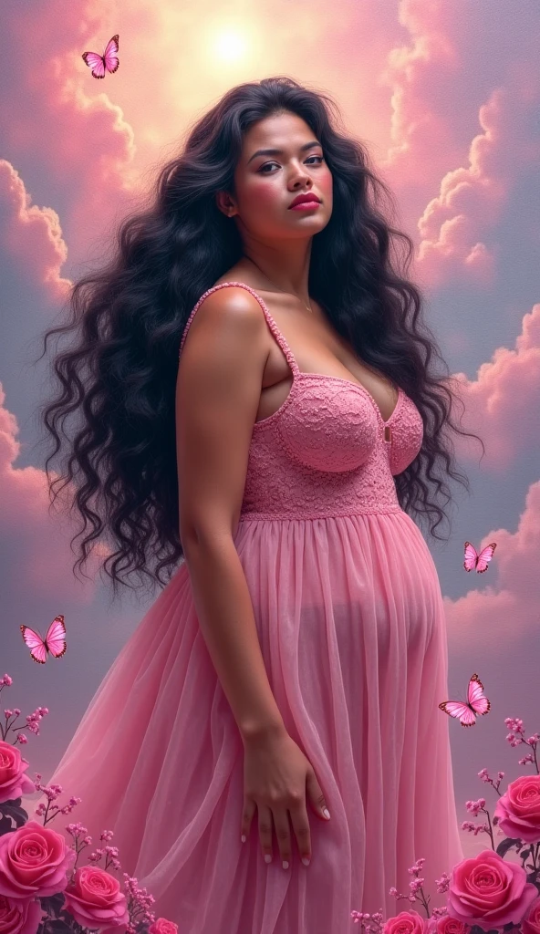 Une œuvre d'art numérique surréaliste mettant en scène une figure féminine noir chubby de large taille, semi-abstraite émergeant d'un nuage tourbillonnant de couleurs vives, hibiscus, notamment des violets profonds, des rouges et des blancs doux. La figure est représentée dans une pose gracieuse avec des détails complexes sur son torse et ses cheveux flottants, se fondant parfaitement dans l'arrière-plan éthéré semblable à de la fumée qui transmet une impression de mouvement et de fluidité