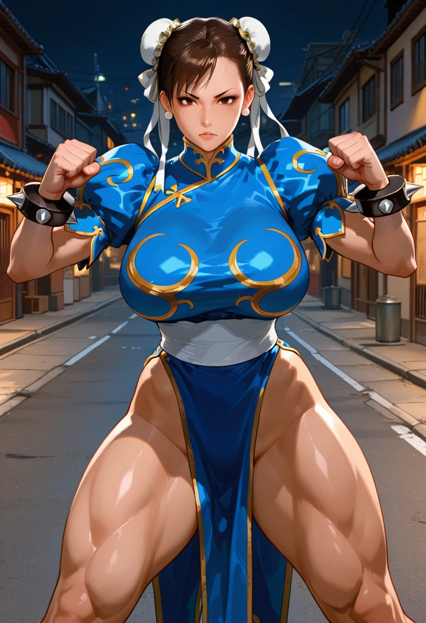 masterpiece,Highest quality, Unreal Engine, Super Resolution, Very detailed,
1 Girl, Waist, thin, (Muscular:0.8)
Round Breasts, Big Breasts, bold, Lips parted, Observe the audience,
Are standing, sexy pose
Waist shot,
Simple background anime style, Key Visual,
Hair Bun, Blue Chinese clothing, Chunli, Street Fighter,Sticky with sweat,Clothes are also wet,
