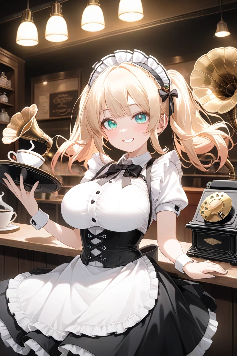 ((masterpiece)), ((best quality)), ((ultra-detailed)), 1girl, (mecha musume:1.4), science fiction, mechanical arms, maid dress, mechanical legs, mechanical parts, maid, long hair, blonde hair, mechanical wings, mechanical shield, headgear, , looking at viewer, smile, maid headdress, maid apron, coffee shop, coffee cup, upper body, coffee pot, (head rest:1.2), long sleeves, 