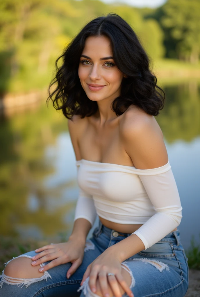 Kelsey, with her dark tresses cascading down gracefully around her shoulders, stood alone on a lakeside bench as the sun's warm rays danced across her skin; she beamed radiantly, revealing her perfectly aligned teeth and full lips, donning an elegant necklace that dazzled in harmony with her singularity. <lora:imkswj18f659c9b18s2d7:1>