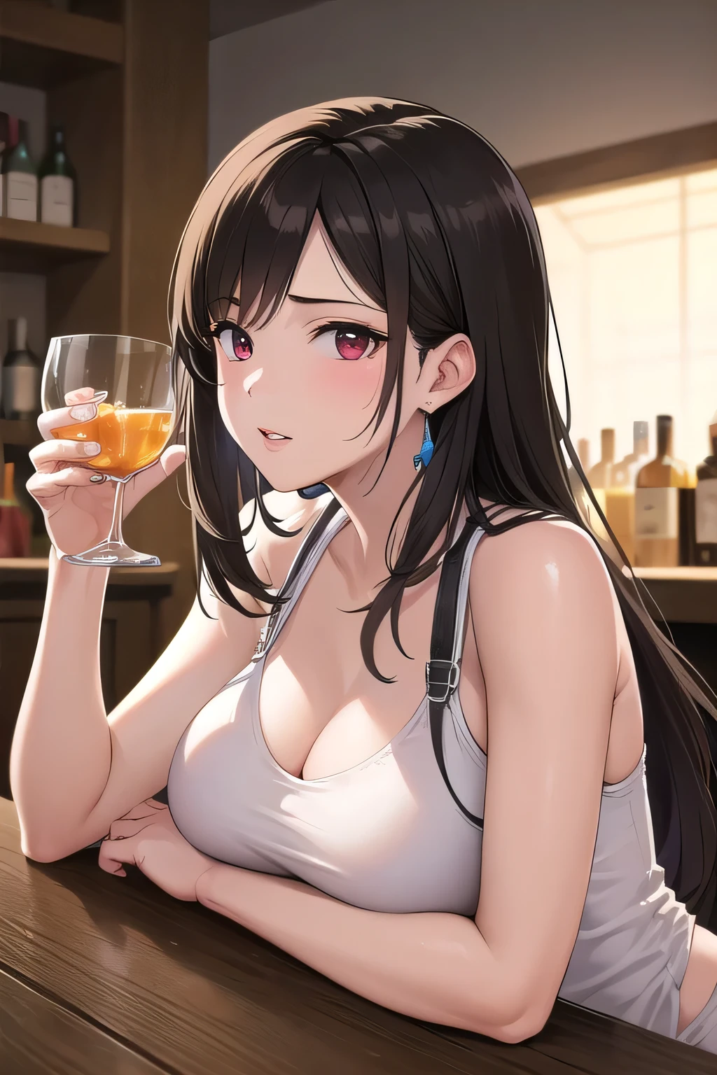 rover from wuthering waves, stylish pose, having a drink, 1girl, black hair, golden eyes, beautiful face, white dress, no sleves, bar background, decorative, masterpiece, high quality, hd, 4k, upper body, genshin artstyle, black earings