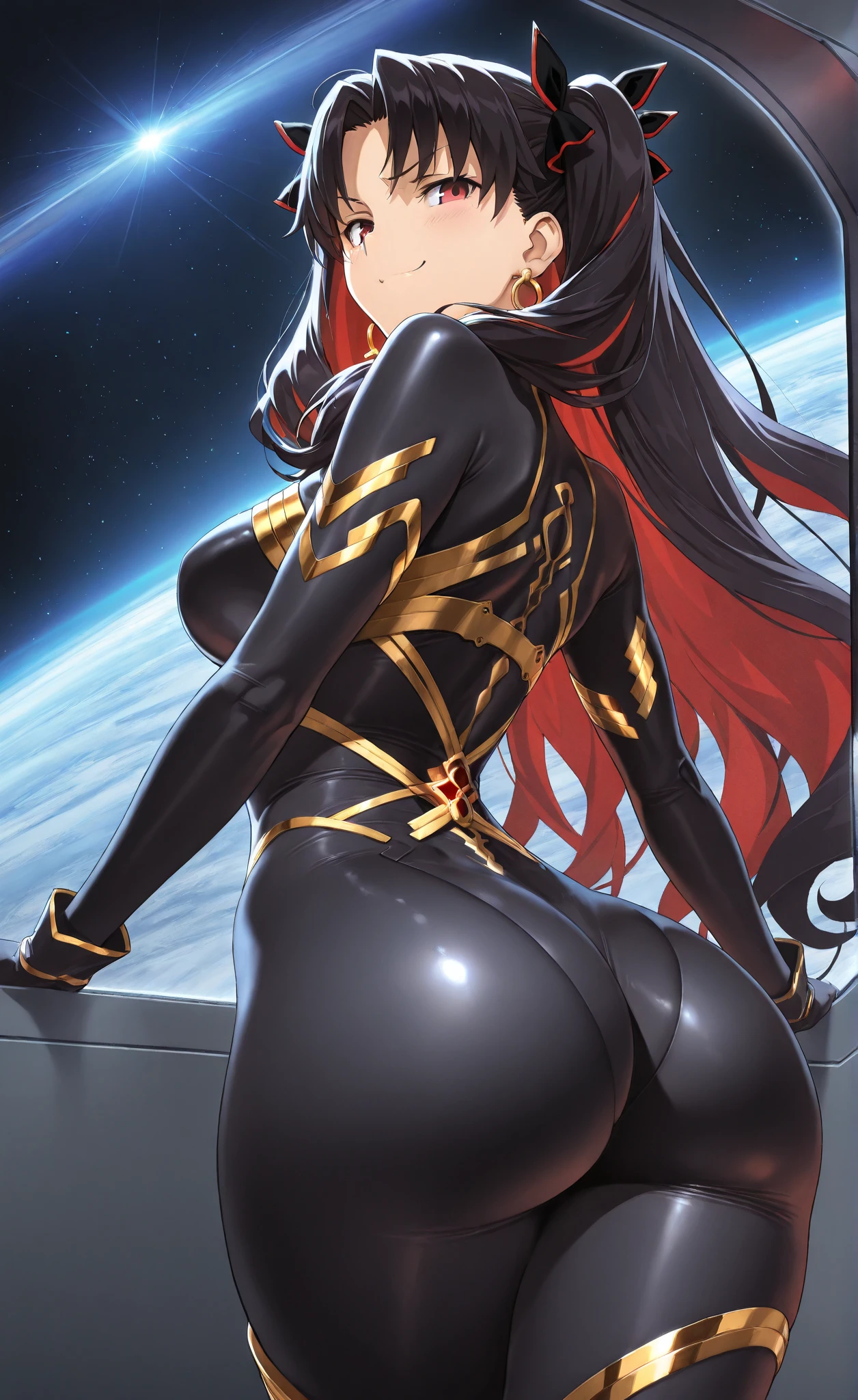 1girl, (extremely long hair), solo, ((muscular)), veins, black hair, yellow eyes, thick thighs, pale skin, strong, veins, big thighs, huge breasts, standing, bodysuit, pilot suit, from behind, ((huge ass)), angry, night sky, full moon, rim lighting, ((ultra detailed: eyes))
