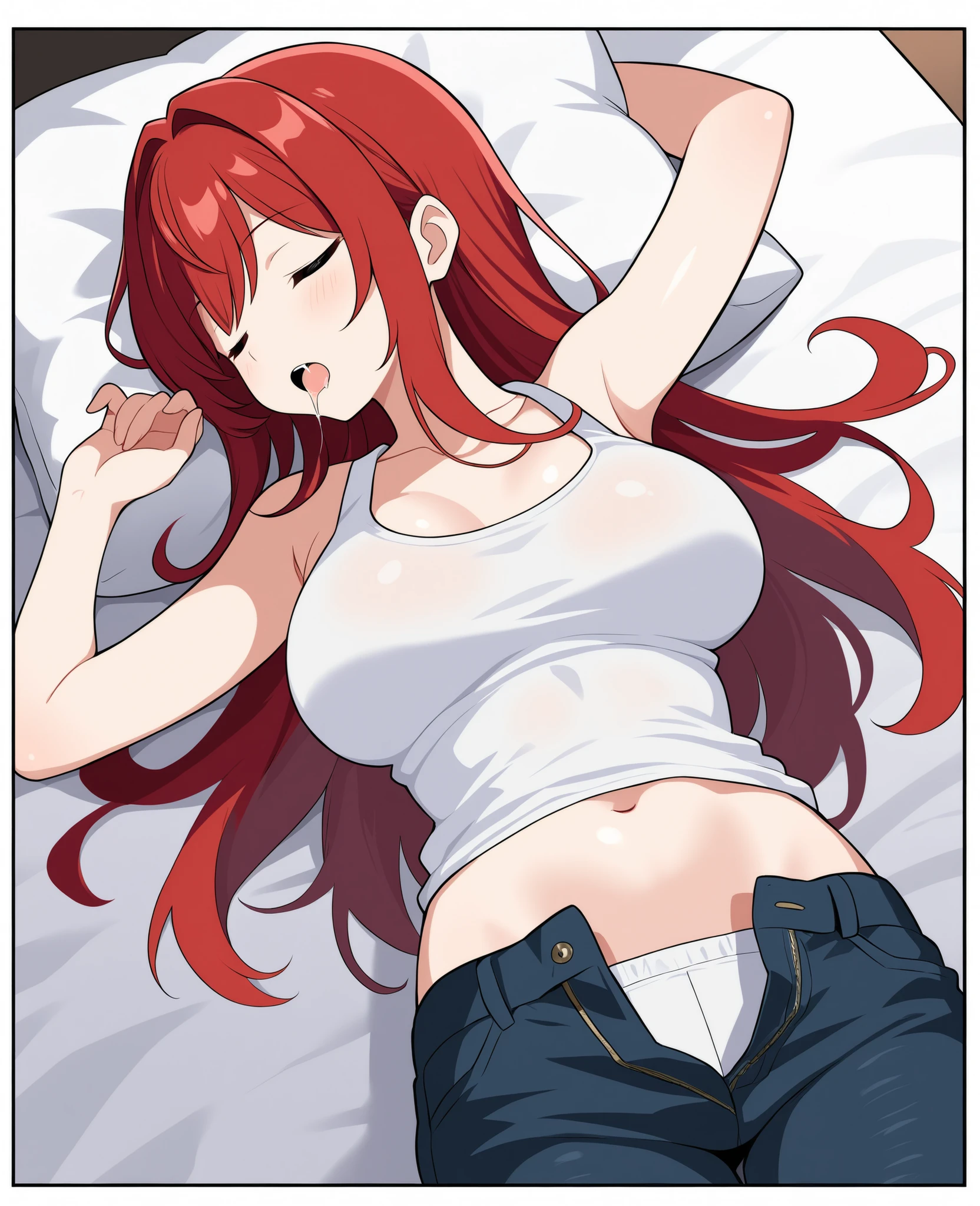 throw, Too much exposure, Beautiful woman in underwear、Red Hair, Green Eyes、Long Ponytail、Mid-chest、Lying next to you in bed、Top view、Highest quality、masterpiece、８ｋ、beautiful photo, (blush), Open your mouth、Sticking out tongue、Steam comes out of the mouth、Sweat from the face、Patience is the limit、On the brink of climax、Embarrassing
