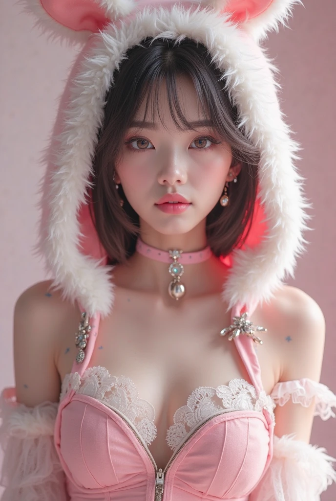 (nsfw:1.2)、female idol、lipgloss、smiling face、full body esbian、(naked small breasts:1.2)、shiny very large earrings,(sparkling neon pink)、shiny very large necklace,(sparkling neon pink)、shiny glossy latex tight mini slip,(sparkling neon pink)、colorful hair (sparkling neon pink)、long white coat with white fluffy fur, (bright white:2)、conceptual art, High quality, Realistic, extremely detailed CG unified 8k wallpaper, highly detailed, High-definition raw color photos, professional photography, Realistic portrait, Cinematic Light, Beautiful detailed, Super Detail, high details, (((Bokeh))), depth of fields, illumination, Neon Street, Super stylish lighting