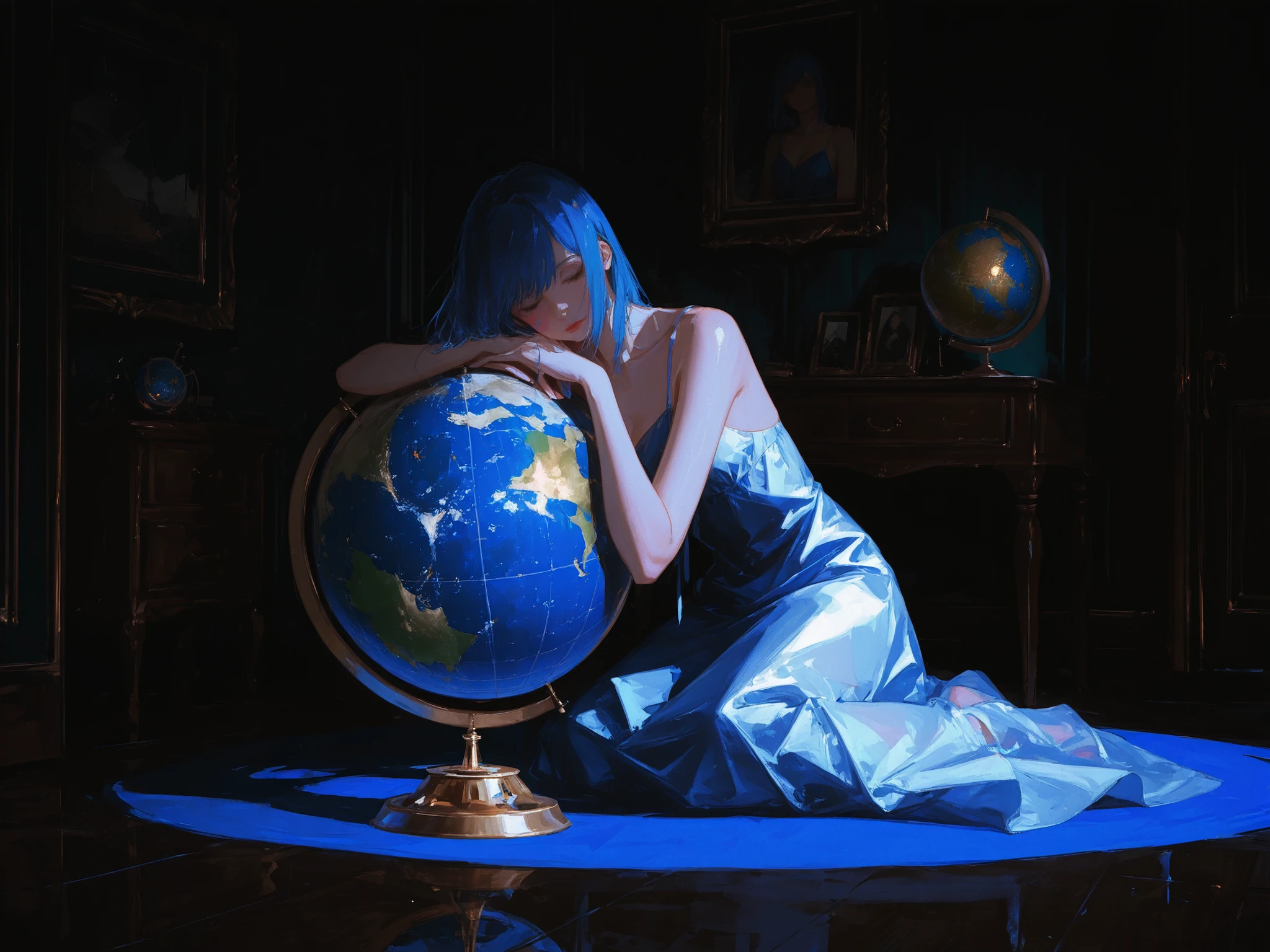 dark room, A large globe made of lapis lazuli, glistening gold in places, Beautiful girl in chemise dress with her cheek on the globe, Her long, shiny blue hair hangs down to the floor