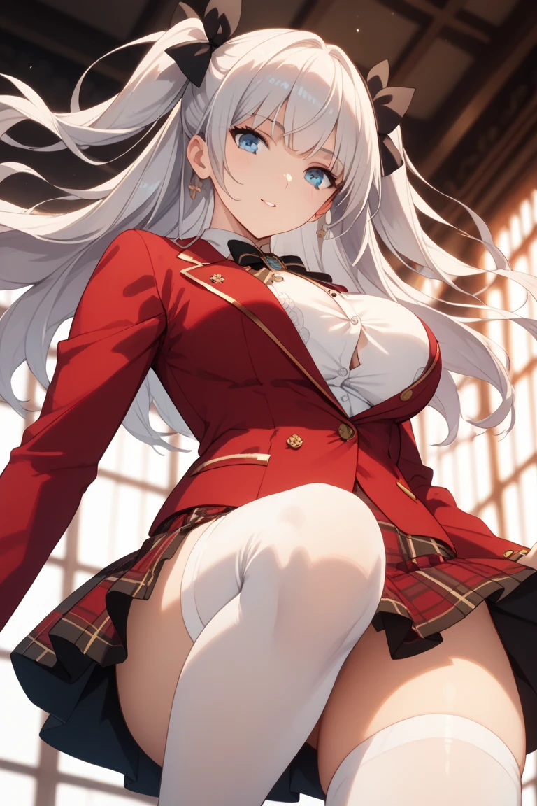 1girl, good anatomy, masterpiece, best quality,realistic, hyperrealistic, 16k hdr,shiryuuwz,school uniform, pleated skirt, ultra miniskirt,fingerless gloves, short sleeves, bowtie, shirt, black socks, shoes, loafers,perfect face, nice eyes and face, textured skin, absurdres, grey hair, green eyes, shiny hair, long hair, very long hair, shiny, shiny skin, large breasts,(closed eyes:1.4), standing, outdoors,school background, (strong wind:1.2), levitation hair, natural light,from below,(no panties:1.3),spread legs,cameltoe,(sweat:1.1),(dynamic fighting pose:1.5),(holding sword:1.1),