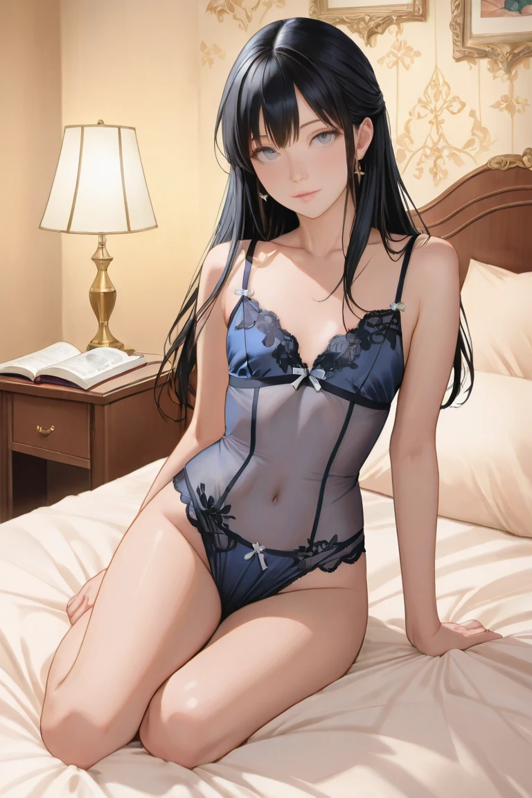 create an anime girl sitting cross-legged on a luxurious bed with blue underwear, 24 years old in a landscape of a luxurious room and with a face of love