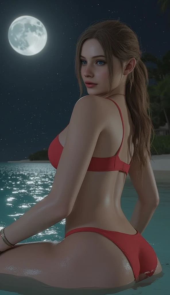 ((Best quality, 8k, Masterpiece :1.3)), open sky, night light, night sky, natural night light, pretty woman, massive firm breasts , (firm abs, slender figure :1.1), wide hips, long floating hair, strapless bikini, vibrant color bikini, ultra-detailed face, detailed lips, detailed eyes, double eyelid, lawn, lush greens, outdoor camp, outdoor bed, camp fire, gasping face, kneeling on all fours, side view