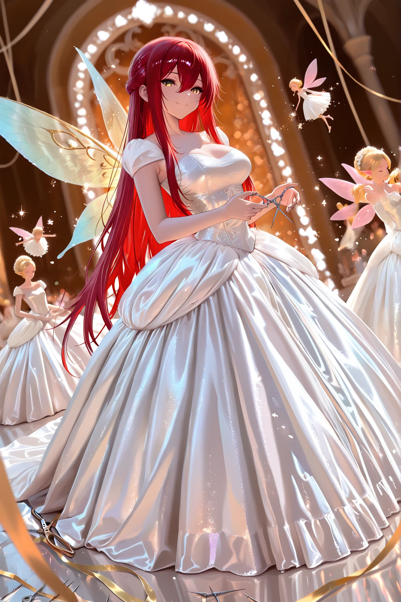 1 girl , golden eyes , very long hair , long sidelocks, red hair ,half updo, petite , very cute , beautiful ,Straight hair, cool, handsome, hair between eyes, sexy, female, mediumlarge breasts, lovely, solo, standing in the center wearing a white golden dress, many Little fairies with fairy wings are flying around, fairies busily decorating the dress, many fairies, fairies are bright and busy with clever laces and ribbons, sewing scissors and needles in their hands, from front, smile, happy, wedding dress, happy wedding, BREAK, holding, good angle, best light, good pose, cool pose, perspective, masterpiece, best quality, very aesthetic, absurdres ,newest, (depth of field),
