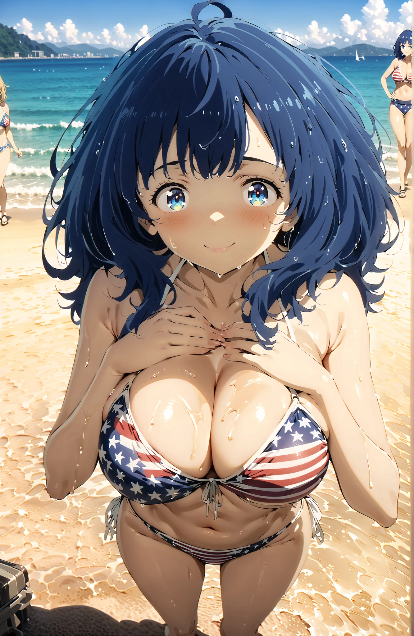 score_9, score_8_up, score_7_up, cowboy shot, 1girl, looking back, Anime Studio Trigger, blue and white bikini, striped panties, striped bikini, matoi ryuuko, sunbathing, tanning, untied bikini top, covered breast, small breasts, female laying on back, pov hands,  female, annoyed face, outdoors, beach, sand, beach towel, sunlight, big sunscreen bottle, massage, massaging, groping, coping a feel, 1 anger vein on female head, exposed back,  nude back, blushing, oily skin, greasy skin, lotion on skin