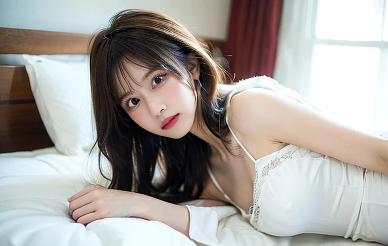 A portrait-oriented image depicting a Japanese female from head to feet occupying 90% of the frame, sitting In the brightness of a hotel at night with only one light on bed during a business trip. The focus is intensely on her, with the hotel room setting subtly in the background. She is wearing a bra and inviting me, exposing of bra. outfit, with her posture and expression conveying a moment of blushing and shy. The lighting is designed to flatteringly highlight her features and the texture of her clothing, drawing the viewer's attention directly to her, ensuring she dominates the scene with minimal background distraction.