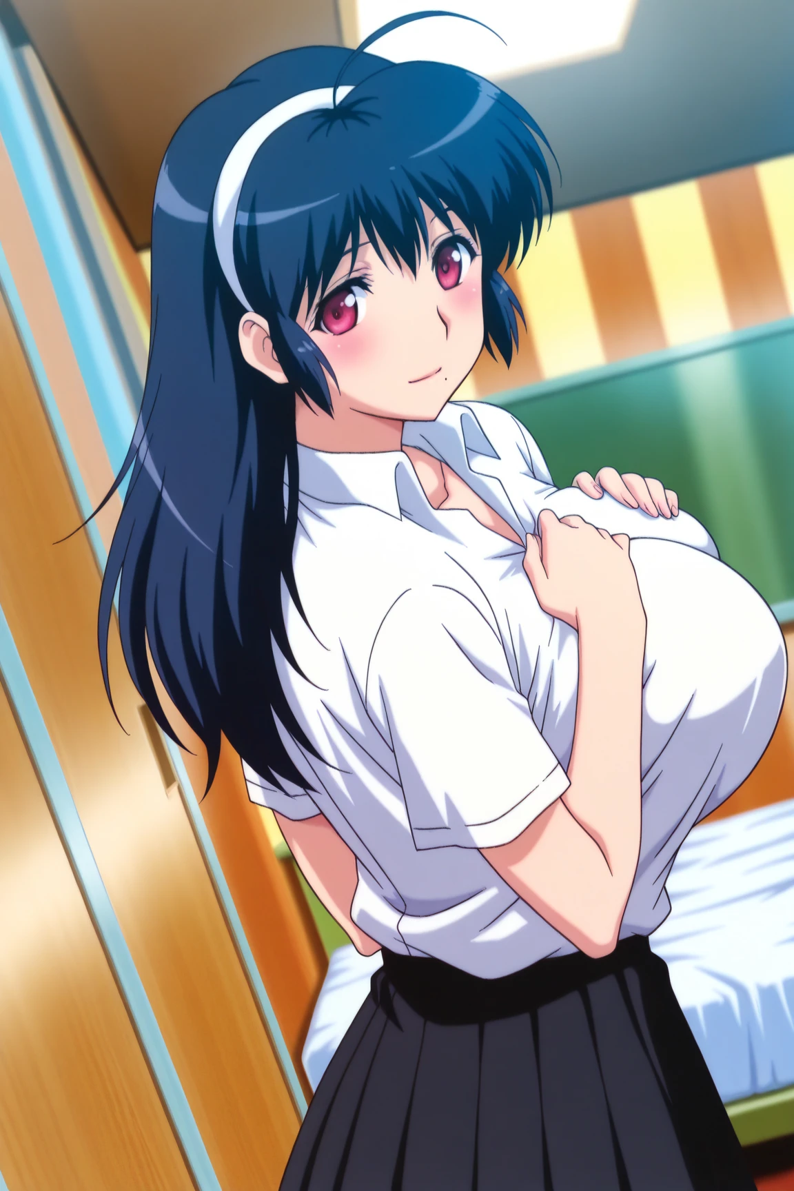 masterpiece, best quality, very aesthetic, absurdres, 1girl, beautiful face, tsurime, blunt bangs, black violet hair, long hair, straight hair, large breasts, nurse uniform, panties, hospital room, 1boy, penis, handjob, cum, anime artwork, (super fine illustration:1.3), highly detailed