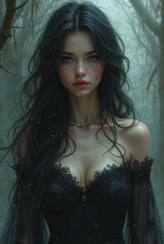 Seductive Organic elven female entity being sacrificed to the mechanical elf cyborg overlords (([purple|black] hair)), long hair, white formfitting wet cotton dress, drenched fabric, soaked clothes, wet dress, nipples bump see-through,  melancholic gaze at viewer,  (soothing tones:1.0), (hdr:1.25), (artstation:1.2), spooky, gory ambiance, evil, (intricate details:1.14), (hyperrealistic 3d render:1.16), (filmic:0.55), (rutkowski:1.1), (faded:1.3)