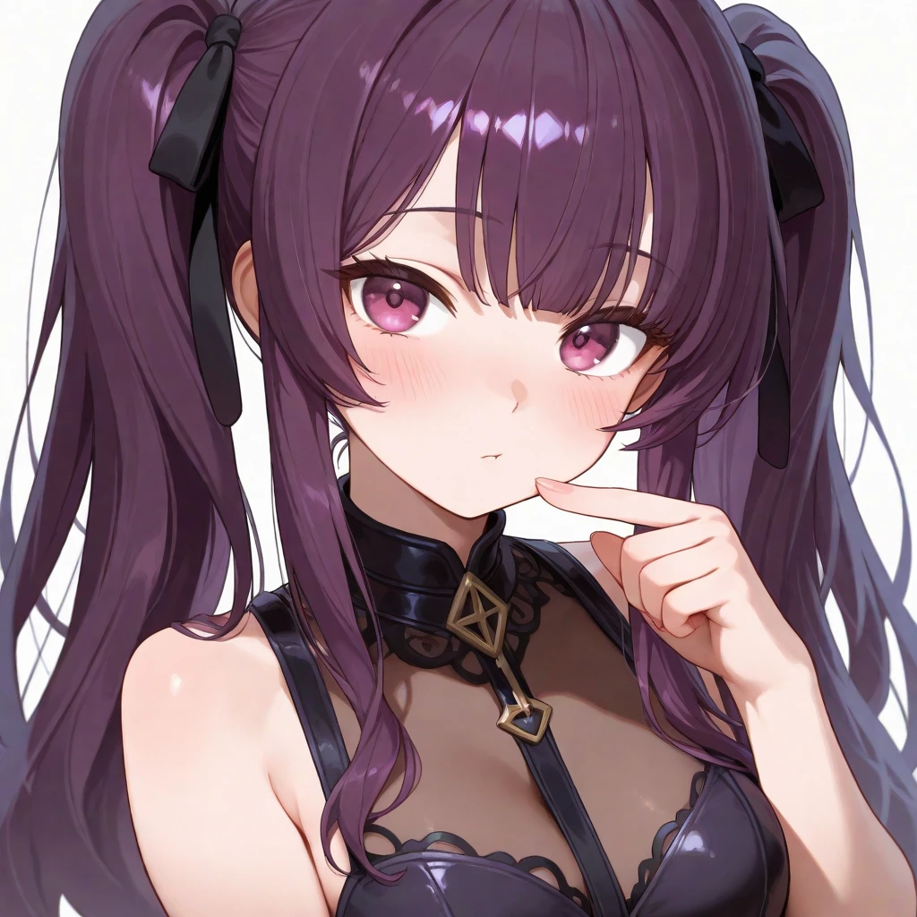 (masterpiece, highres, high resolution:1.2), anime 20 yo girl, portrait, shoulders up, illustration. drawn, violet hair woman, green eyes, blushing, solo, surprised, freckles, big lips, huge breasts, perfect body, wearing sexy lingerie, anime girl, no hands.
