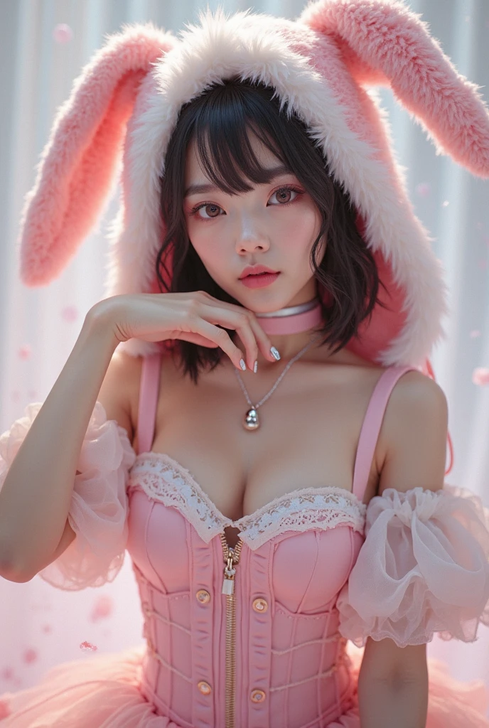 A semi-nude black-haired woman wearing a pink costume of the cute rabbit My Melody., Wearing pink fur cuffs, Lying down with a seductive expression