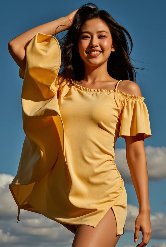 High resolution、masterpiece、1 Japan Beautiful Girl、18-year-old high school student、DQ Minnea, Purple Hair、Circlet, Earrings, choker, bracelet, Small breasts、Beautiful cherry-colored areola、Erect nipples、Narrow waist、Shaved、Orange Dress、The dress is designed with no underwear underneath、No underwear、Lifting her dress to expose her private parts、Being in a fierce storm、Gust of wind、Gust of windでドレスがめくれて胸を露出する、Shoots curved blades of light from his hands、Light green magic circle、A big tornado、Countless curved blades of light、The curved blade cuts through the air