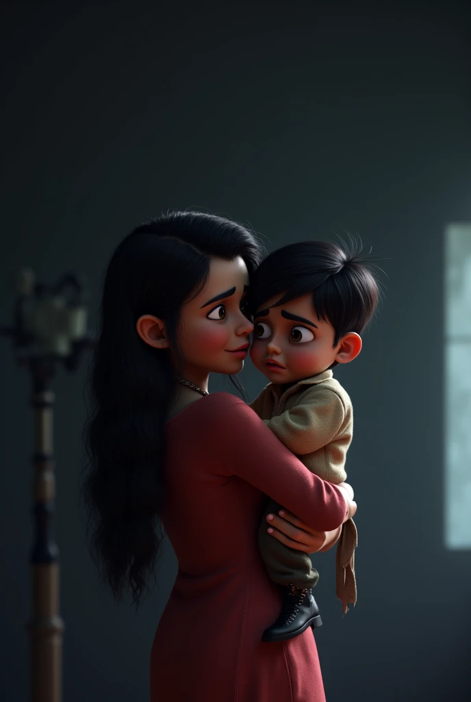 (photorealism:1.2), realistic photography, Scared Mexican Mom, screaming and worried, touching his head. Mexican boy laughing and raising his hands
