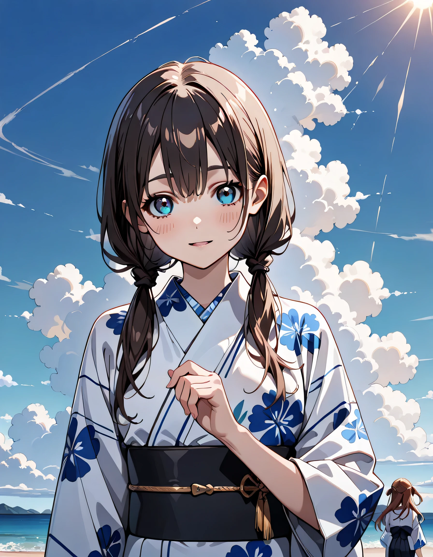 (score_9, score_8_up, score_7_up), source_Anime, absurd_res, white, blue, black, 1girl, solo, upper body, super fine illustration, an extremely delicate and beautiful, best quality, masterpiece, 8K,  summer setting, upper body:1.3, moe anime character, (2girls), dainty facial structure, baby face, round face, rounded chin:1.2, ideal ratio body proportions, Marika, Sena, back to back pose, silver hair, black hair, twin tails, black hair bow, black hair, long hair, swept bangs, half updo, aqua eyes, orange eyes, round glasses, (thick eyebrows), yuri, yukata clotch:1.2, lie down on the white futon, dynamic pose, contrapposto pose, best quality, masterpiece, beautiful detailed sky, sunshine, backlighting, sunshine pouring down, from front, delicate color palette, detailed clothing folds, flowing hair, summer vibe, highly detailed rendering, breathtaking composition,