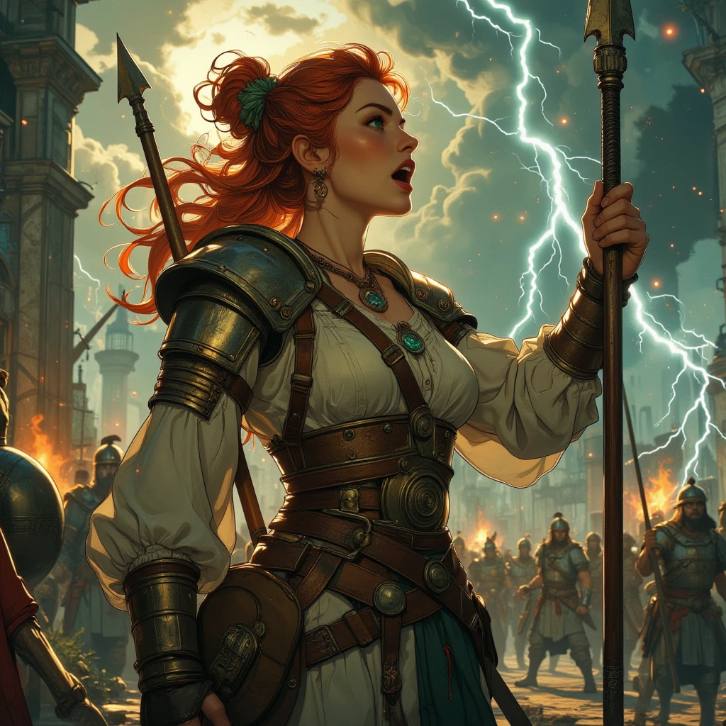 zrpgstyle high details, best quality, 8k, [ultra detailed], masterpiece, zrpgstyle best quality, (extremely detailed), dynamic angle, ultra wide shot, photorealistic, fantasy art, dnd art, rpg art, realistic art, zrpgstyle an ultra wide picture of female dwarf cleric, holding axe with red fire on it , casting a spell, wearing heavy armor, white armor (best details, Masterpiece, best quality: 1.5), blue cloak (intricate details, Masterpiece, best quality), holy symbol,(best details, Masterpiece, best quality: 1.5), from symbol GlowingRunes_paleblue, beautiful female dwarf, ultra detailed face, ultra feminine, red hair, intense eyes, green eyes, D&D female dwarf (best details, Masterpiece, best quality: 1.5) fantasy temple background, celestial background, ((divine worship atmosphere)), high details, best quality, highres, ultra wide angle