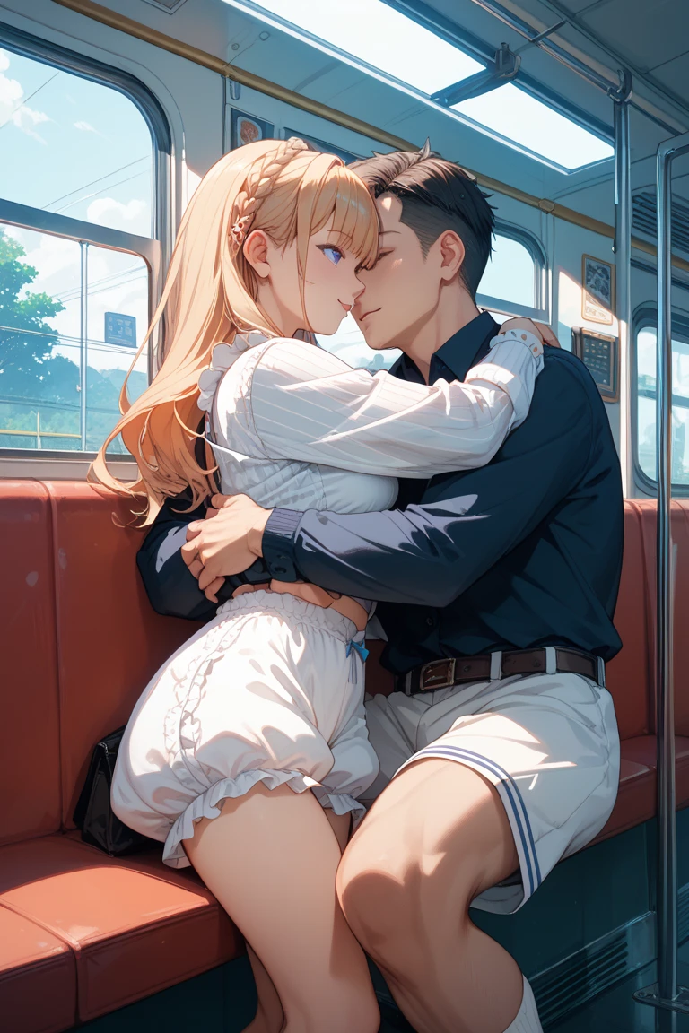 nsfw,hyperrealistic smooth anime,adult curvy gyaru,tanned gyaru,young casual boy holding woman in arms from behind,standing,boy grabbing her breasts,dark brown hair,earring,off-the -shoulder plain blouse,patterned short skirt,man groping woman,(blushed) and smile,at train,in heat,look at man
