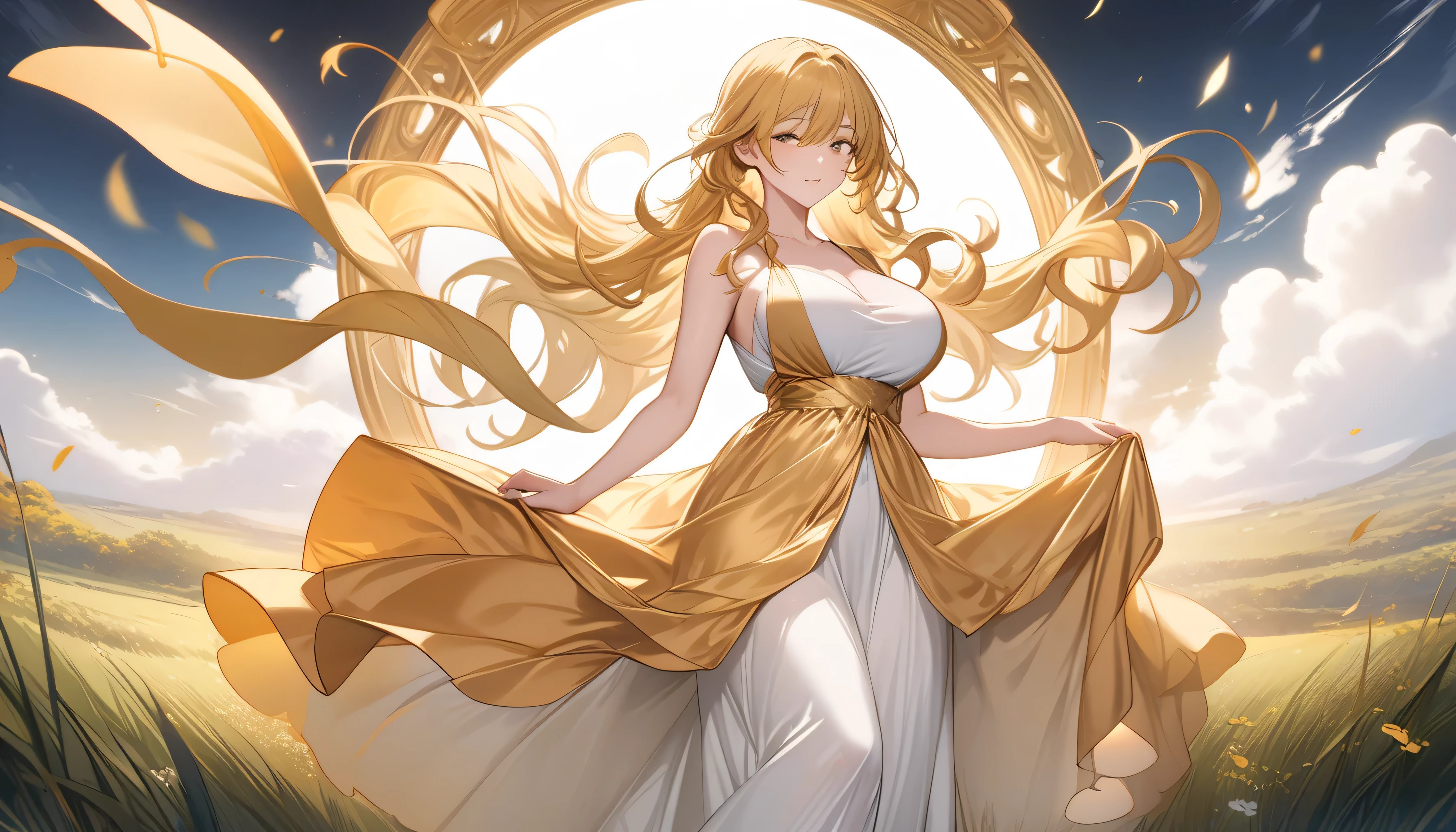 ((background:1.3)(Upper body above waist :1.2),Highest Quality, high resolution,( high image quality:1.2), masterpiece, detailsなbackground,age beauty,( 非常にdetailsな顔:1.2), detailed expressions ,( details:1.2),altitude 2,backgroundは虹の架かる大草原,Big Clouds々,where the grass of the prairie swings a lot in the wind,A beautiful girl with long flowing blond hair、 with elegant curls 、 and she is wearing a shining golden dress ,she is dreamy and creates a mysterious atmosphere, The details of her dress and hair are delicate 、The overall mood is calm and majestic,((full body:1.3)),( whole body)( from the front ), ( beauty),(adult female),(golden hair:1.2),(Big Breasts:1.1))