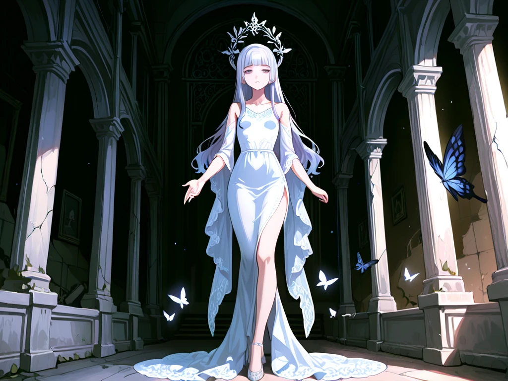 A young woman with a soft, delicate and docile face, with extremely long light blue hair that goes to the ground with white demon horns;, a seductive and long white ball gown in front of an abandoned cathedral full of water and fish. Peito e busto grande e enorme que mal cabem no vestido, noite, many water particles hovering in the air