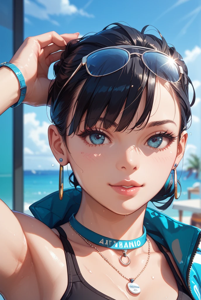 (masterpiece, best quality), 1girl, <lora:sarashina_ruka:1> ccruka,black hairband,polka dot ribbon,short hair,bangs,swimsuit,bikini,white bikini,frills,polka dot,polka dot bikini