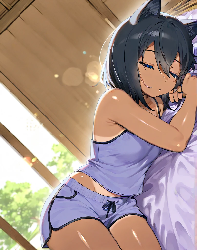 anime-style depiction of a dark tan-skinned girl clad in a sexy crop top and long skirt, she has an upset stomach, she is holding her abdomen in pain, feeling sick in her stomach, she is lying down in the bed, her expression showing a lot of pain and suffering, sweat all over her body