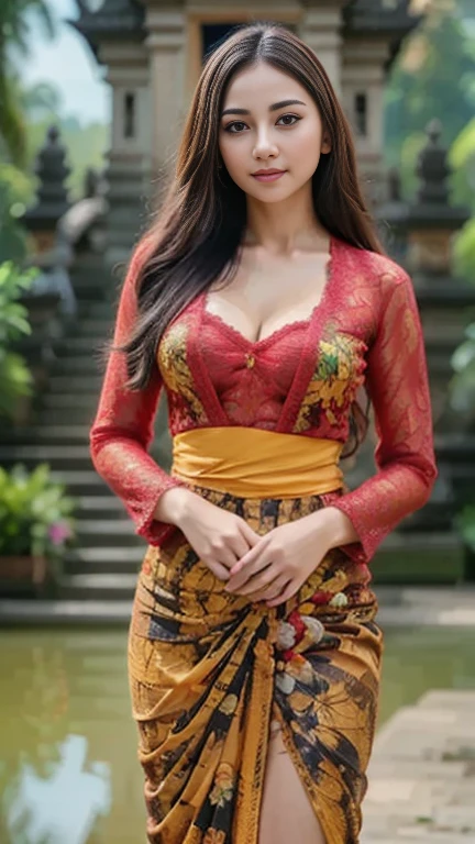 ((a girl (stand:1.2) (alone:1.6) in a room)),((full-body:1.2, cinematic-shot)),(best quality,4k,8k,highres,masterpiece:1.2),ultra-detailed,(realistic,photorealistic,photo-realistic:1.37),(beautiful and aesthetic:1.2),(film grain:1.3).

[(1girl),(solo),((1 person)),(25years-old),[Rara-Eka-Danti],pearl skin,(skin pores:1.1),beautiful detailed eyes,beautiful detailed lips,extremely detailed eyes,longeyelashes,extremely detailed face and skin texture,(skin texture:1.1),black hair,tall and slender body,(192cm tall),thin and delicate figure,graceful posture,flawless skin,defined abs,perfect curves,feminine appearance,beautiful long legs,embodying elegance and beauty,(cleavage breasts,large breasts:1.6),((wearing a see-through (red ultra-short batik-cotton lingerie-dress:1.4))),extremely detailed and realistic (red) clothes,(shiny skin),((sharp focus:1.5)),(earringeathers:1.5),(happy expression,full smile)].

[Indonesian traditional room, wooden furniture, intricate carvings, ornate decorations, vibrant colors, batik textiles, natural lighting, teak wood craftsmanship, traditional artwork, antique objects, wooden sculptures, rich cultural heritage, traditional architecture].

Official art,extremely detailed,Angelic ethereal beauty,award-winning photography,professional photography,depth-of-field,bokeh.