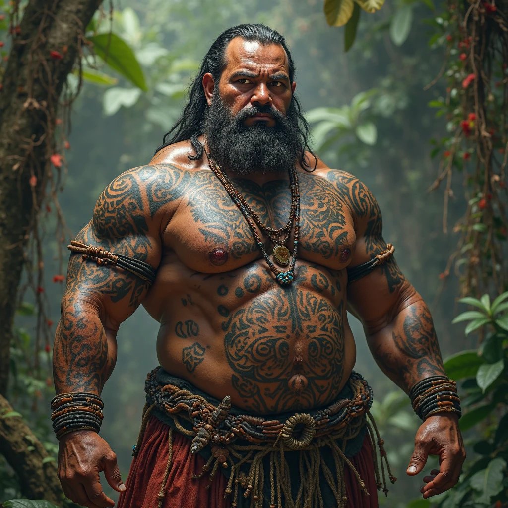 Indonesian man, chiseled features, washboard stomach, detailed hands, one thumb on each hand, four fingers on each hand, dark hair, detailed eyes, fierce expression, massive monster in the background, conan the barbarian, frank frazetta style painting,
