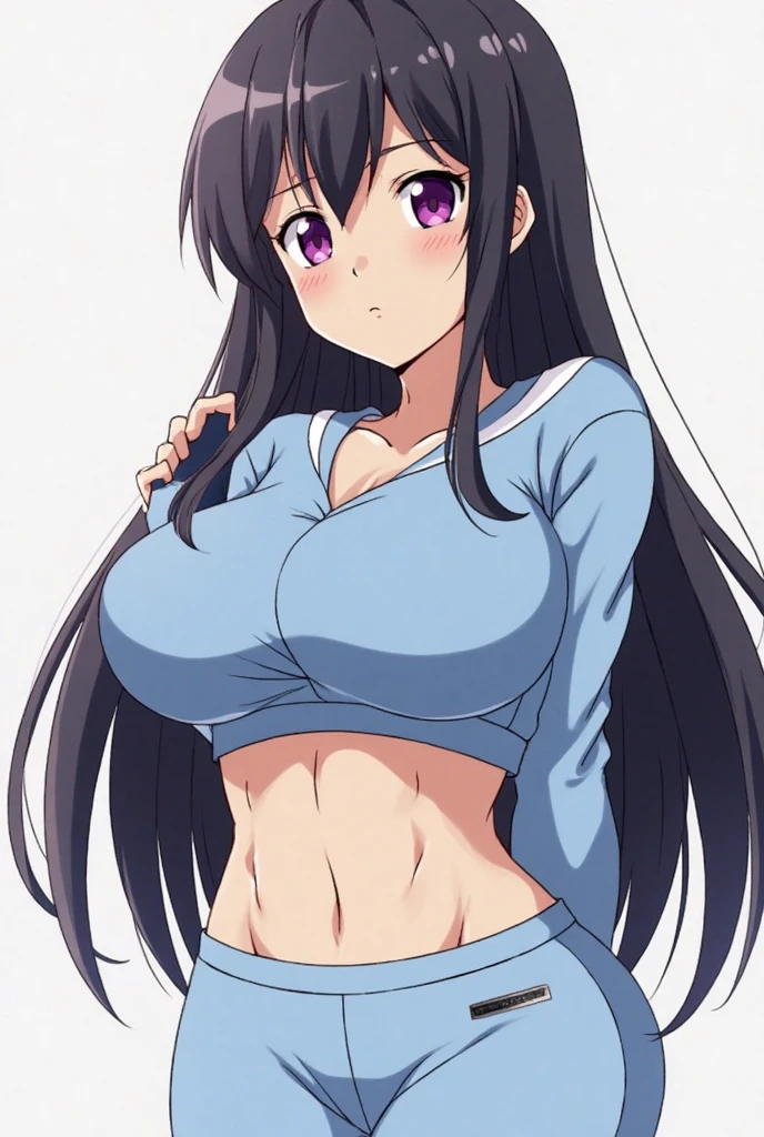 (masutepiece, Best Quality, High resolution:1.5, anime colours, megami magazine:1.2, anime poster style, anime keyvisual, sharp, 8k, photorealistic), (beautiful detailed eyes:1.5, beautiful detailed face:1.2), madoka ayukawa, 1girl, blush, (black hair, Long Hair), (sagging huge breasts), (white micro bikini), (denim short pants), cowboy shot, (Perfect detailed Anatomy, beautiful detailed hair, beautiful detailed body:1.2, shiny skin), (thick outline, Beautiful outlines, black outlines), simple background