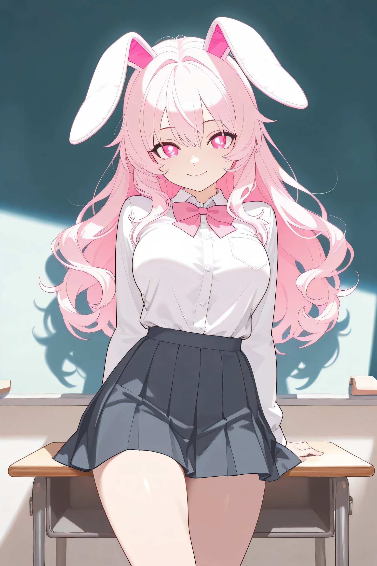 masterpiece, Highest Quality, 2D, flat shading that doesn't depict false ears, looking at flat illustration, pastel color , low contrast , Line Art, rough pattern , one girl, sexy , adults , pale classroom background , uniform , skirt for ears , white shirts , Lie down in a sexy pose, upward gaze , pink eyes , Watery eyes , flushed cheeks , pink hair, long hair with slight curls , closed mouth , slightly larger breasts , Healthy Thighs , Smile, without makeup, Wide-open eyes, detailed eyes , detailed eyes , highlight your body line , standing , from before , Smile , Remove the ears of the head