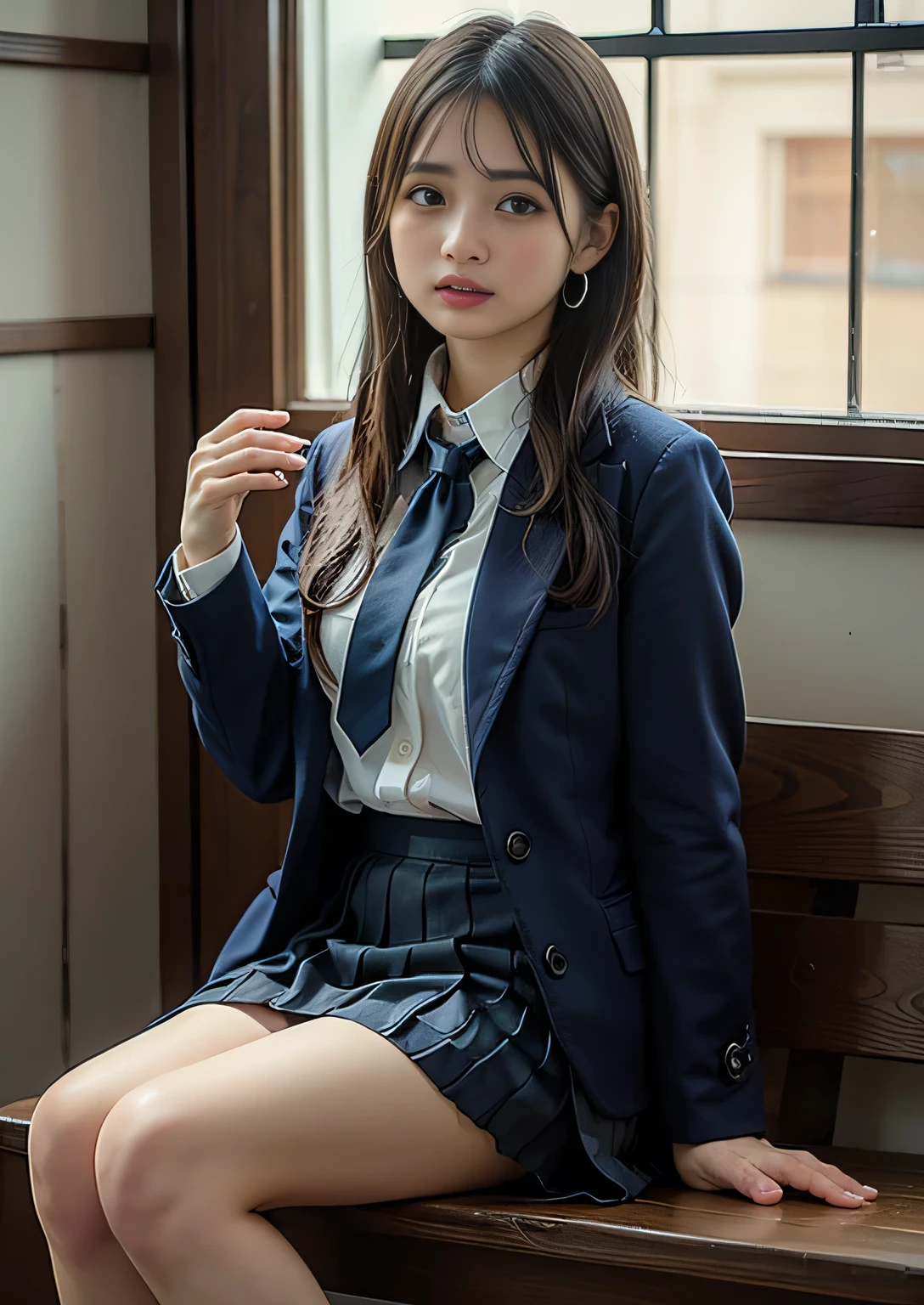 8k, highest quality, real image, intricate details, Super detailed, ultra high resolution, depth field,(realistic,realistic:1.2),from the middle, (closed my eyes:1.2), (open mouth:1.1), 1 Japanese girl, very beautiful 17 year old girl, Big eyes, beautiful breasts:1.5、highly detailed eyes:1.2), (beautiful breasts:1.1), (small breasts:1.5), wavy hair、curly hair、bangs, perfect skin, Fair skin, huge hips, thick thighs, thick legs, tight waist, sit in a chair, light blush, alone, (sob:1.1), (School_uniform),(dark blue blazer), (white shirt、wear a tie), (gray pleated skirt), (sculpture installation :1.1)