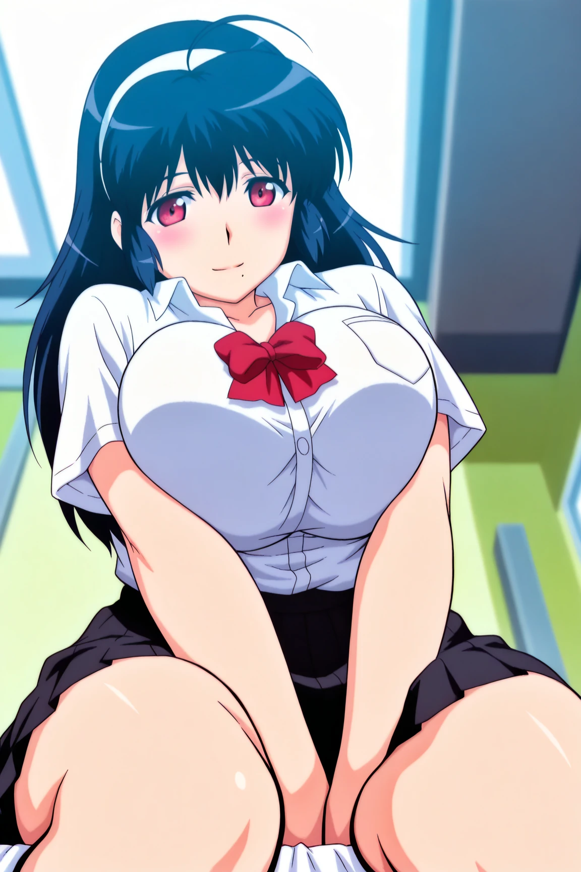 (perfect body),highest quality,16k、Masseter muscle part、((NSFW))、((((sex))))、(((blush)))、((((embarrassing))))、:o、((((surprised))))、Are crying、Treefe○lumes、parted bangs、(blue eyes),((dark blue hair)),(Sweat)、(big ass)、huge breasts、swollen nipples、((thick thighs))、school uniform、navy blue mini skirt、Blue panties、sitting in the seat、legs spread、hands behind head、both armpits、(Inside the train)、