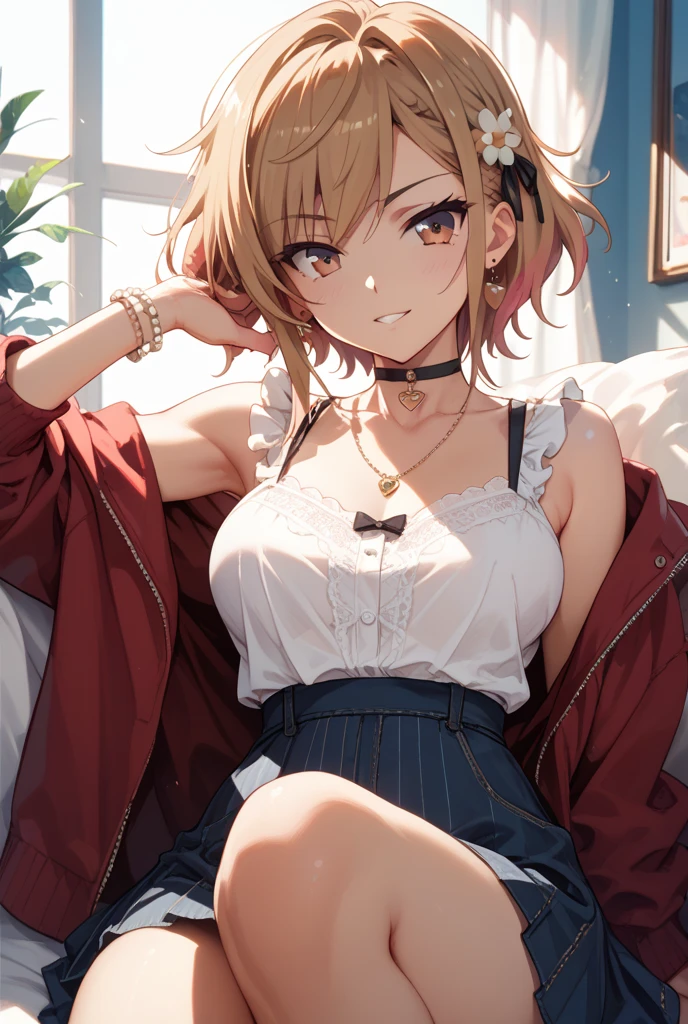 (masterpiece:1.2, highest quality), (realistic, photorealistic:1.4), beautiful illustrations,
looking at the viewer, whole body, Front view:0.6,
1 female, 25 years old, Japanese, ((blonde:1.5, handsome short hair:1.4)), No bangs, hair between eyes, ((height: 176 cm, medium breasts:1.6, thin waist))
beautiful hair, beautiful face, beautiful and detailed eyes, (Eyes glowing pink:1.3), beautiful clavicle, beautiful body, beautiful breasts, beautiful thighs, beautiful feet, beautiful fingers, perfect anatomy:1.3,
(MA-1 jacket:1.8, long skirt:1.4, belt, choker:1.6)), white panties:1.6,
((Grasp the hem of the skirt with your right hand, put your left hand on your chest, open your legs:1.3)),
(Look at the viewer while blushing:1.3), ((nfsw:1.4))