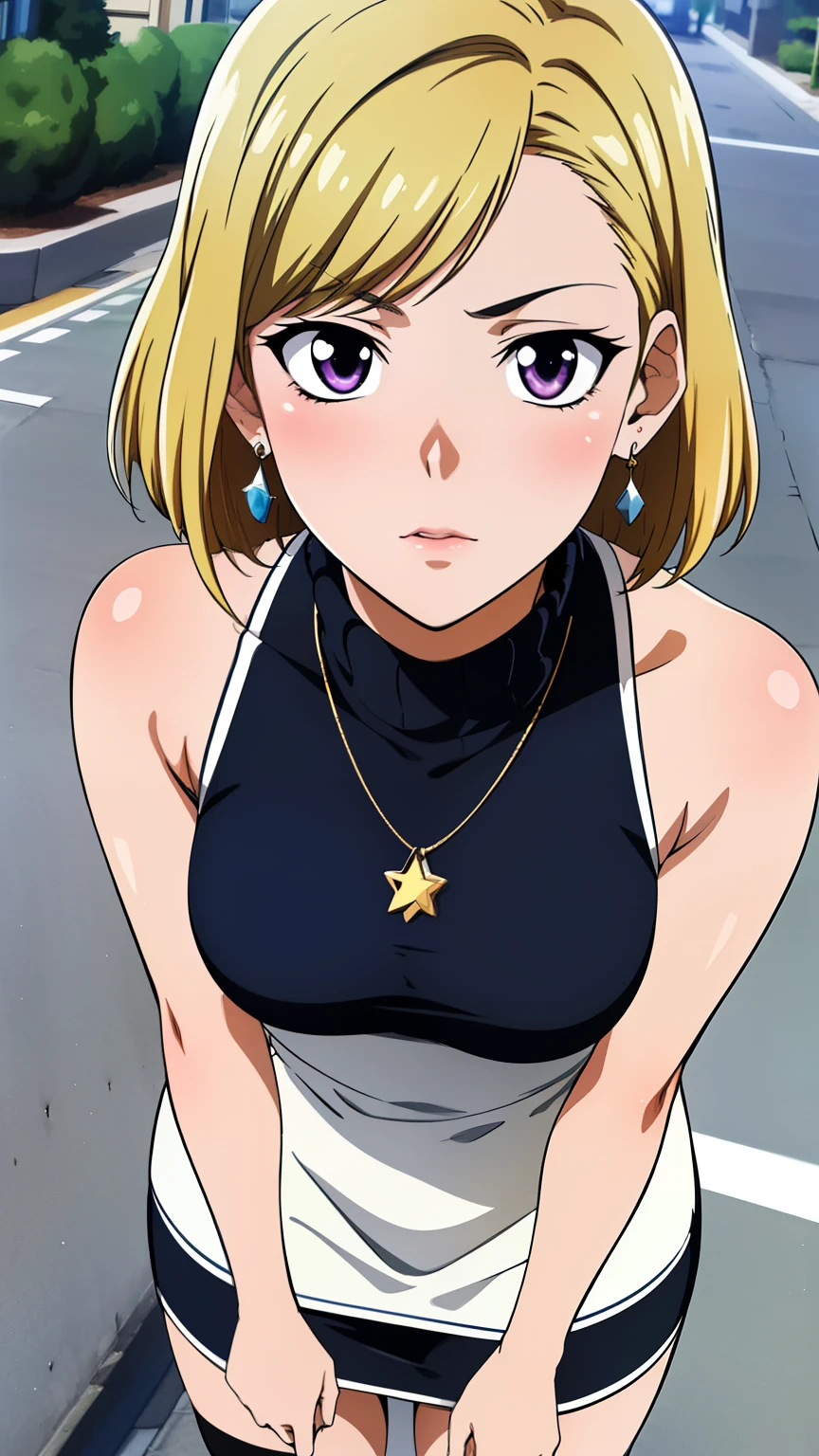 masterpiece, high quality, (realistic skin texture), (Anime Coloring), very well detailed, very well detailed, preface face, beautiful eye, perfect eyes, detail eye, big highlight, detail face, super detailed, detail eye, Symmetrical eye, (Dynamic Angle), (((expressionless))), sharp details, That Katamisuzu , blond hair, short hair, (half closed eyes:0.8), (small breasts:1.2), Ken1loli, nffsw, ((Dark blue turtleneck sleeveless knit), pencil skirt, on the city street, necklace, earrings, knee-high stockings:1.2), (cowboy shot:1.2), (1 girl), (young face:1.5), beautiful long legs, Beautiful body, Beautiful Nose, beautiful character design, perfect eye, perfect face,expressive eye, perfect balance , viewers,(Focus on her face),closed my mouth, (Innocent_big_eye:1.0), official art,Highly Detailed CG Unity 8K Wallpaper, perfect lighting,colorful, bright_Front _face_lighting,white skin, (masterpiece:1.0),(Highest_quality:1.0), High Resolution,4K,super detailed, photo shoot, 8k, High Resolution, High Resolution, (Absard Dress:1.2), Kodak Portra 400, FILM GRAIN, lens flare, ( vibrant_color:1.2), pro pics, (Narrow _ waist ),