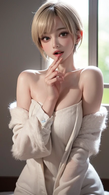 (masterpiece),(highest quality),8k,High detail,throw_doorway,One girl,blush,Looking_in_Audience,Cleavage,Gray Hair,naked_apron,Giant titan piece, highest quality, highest quality, Official Art, beautifully、beautiful:1.2, Cinema Lighting、Key light in 45 degrees from the front, Subsidy Light、Soft Backlight), Realistic depiction、photograph、Realistic depiction、Ultra-realistic、RAW quality、
beautiful顔、Perfect round ass、the body is slim、(Accurine and detailed human body:1.5), Fit and body、Pale skin、Shiny, Bright Eyes、length eyelashes、
1 girl、1 boy, Heterosexual、Couple、Faceless giant、
accurine to the human body、Correct five-finger、Perfect human body、Knowledgeable person、Highly detailed face and skin texture、Ninural neck length、(beautiful Hands)、beautiful, length, Thin legs、straighten both legs、please stretch your arms、
Perfect human body、Accurine human body、A perfect and accurine left hand、A perfect and accurine right hand、完璧in正確な指、
,Earrings,Big Cleavage、
slim, (kind, Goddess-like eyes, happiness: 1.2), (Lip gloss, eyelash, Terrible face, highest quality, Ultra-high resolution, Wide Lighting, Ninural Shading), Absolute area、
(((All these pajamaade from super soft fleece minerial.:1.8, zetai ryoiki, All these pajamaade from super soft fleece minerial shorts:1.3, Thick white horizontal stripes))),
Detailed Background、
Background Blur、Detailed and beautiful background
((Random hand gestures)),
(Blonde pixie short hair:1.3)、forehead
Accurine 5-finger、Accurine human body、The perfect human body、(Little Devil's Face:1.2, Little devil smile:1.3),
(Mega Big Tits:1.3, Push out your chest),Bold Pose、sexy、Sensually、Ecstinic face、Pampered and spoiled、Wide leg、(Sensual ecstinic smile:1.5)、indoor、Random Apartment Room Background、Window with a night view、
(throw, POV doorway:1.5)、
(open door after orgasm:1.8, orgasm:1.2, Vulgarity、Ahego:1.1, vapor,swein、Please open your mouth wide:1.2、Out of breath:1.3, joy、恍惚とjoyの表情:1.3, ),