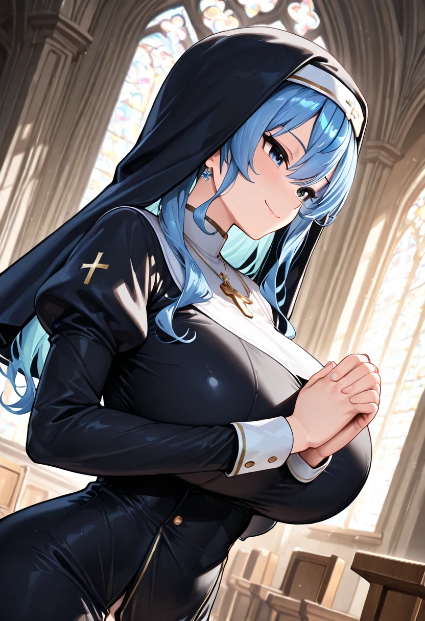 top-quality、supreme1People Girls,hightquality,, ((masuter piece)), ((High resolution)), ((Best Quality)), detail, (cum faced、Excited face.Very happy,), ((Skin shiny with sweat)), (A lewd black nun's uniform:1.2)、 girl with, lightblue hair, (Straight、Bangs Patsun)、Fold your hands in front of your chest and pray:1.5、Kneel、fair white skin:1.3、、Colossal tits, cinmatic lighting, perfectly shaded,(((Chapel at night))), Realistic lighting with shades,
