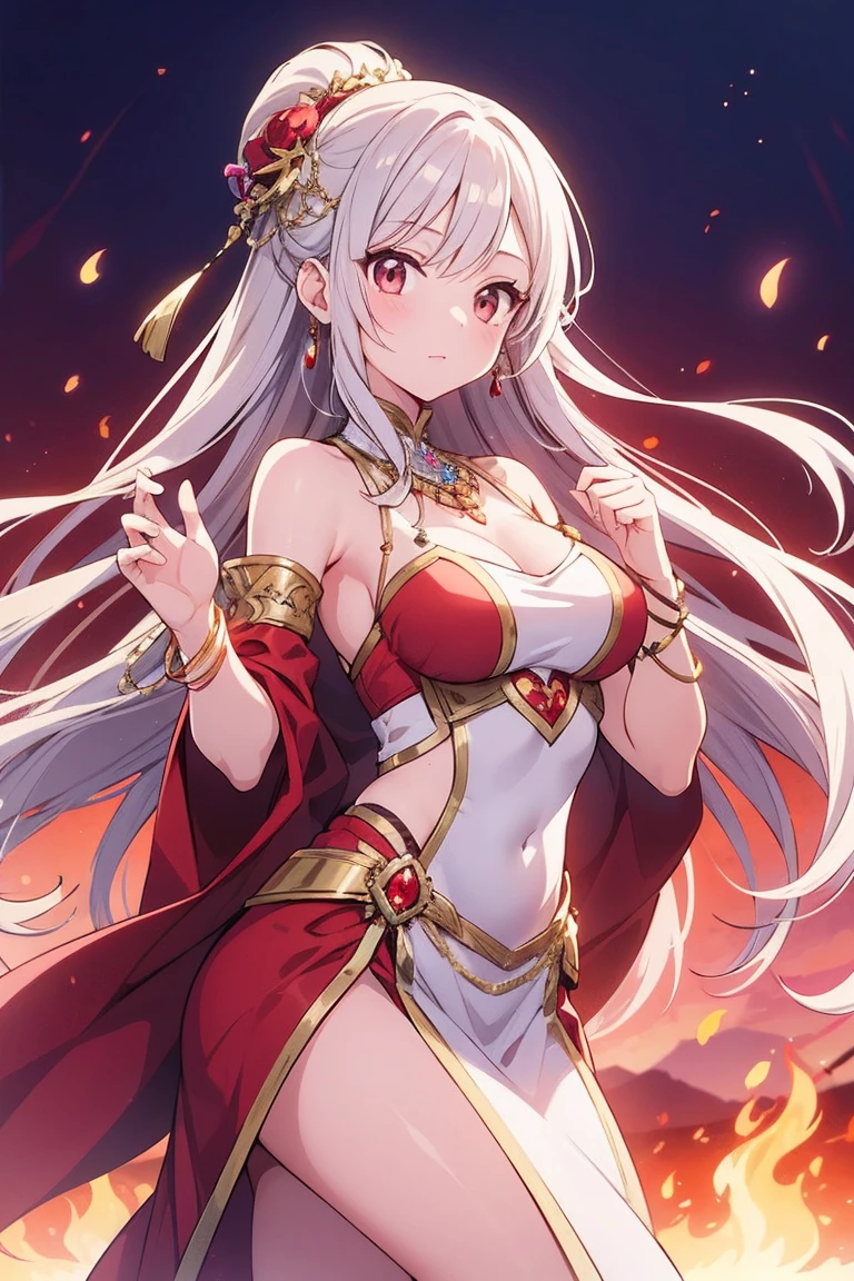 Red bikini, fire crown, bare belly, big breasts, long hair, red eyes, goddess of the home