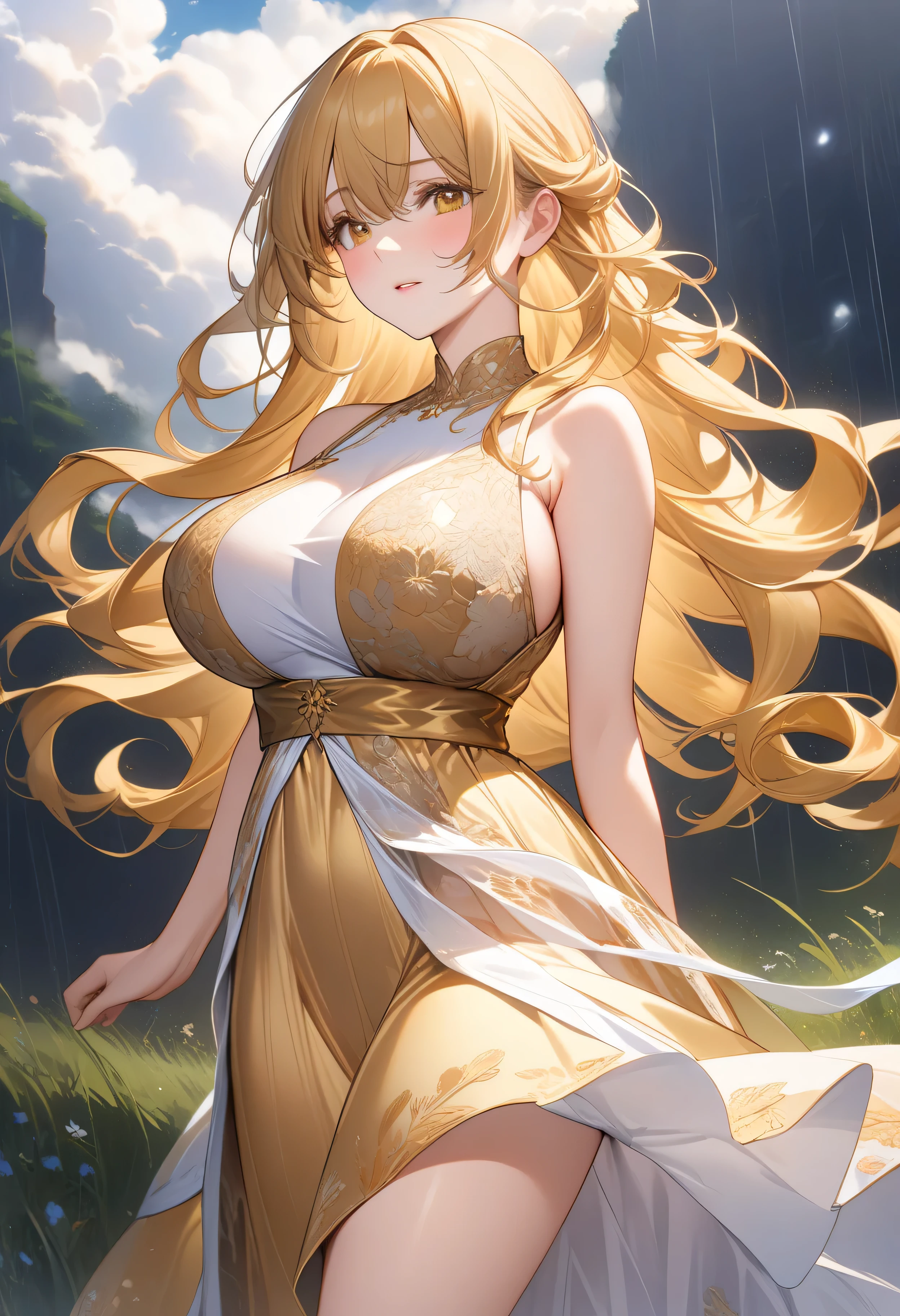 ((background:1.3)(Upper body above waist :1.2),Highest Quality, high resolution,( high image quality:1.2), masterpiece, detailsなbackground,age beauty,( 非常にdetailsな顔:1.2), detailed expressions ,( details:1.2),altitude 2,backgroundは虹の架かる大草原,Big Clouds々,It's going to rain a little,The grass in the prairie swings a lot in the wind,A beautiful girl with long flowing blond hair、 with elegant curls 、 and she is wearing a shining golden dress ,She creates a dreamy and mysterious atmosphere, The details of her dress and hair are delicate 、The overall mood is calm and majestic,((full body:1.3)),( whole body)( from the front ), ( beauty),(adult women),(golden hair:1.2),(Big Breasts:1.1))