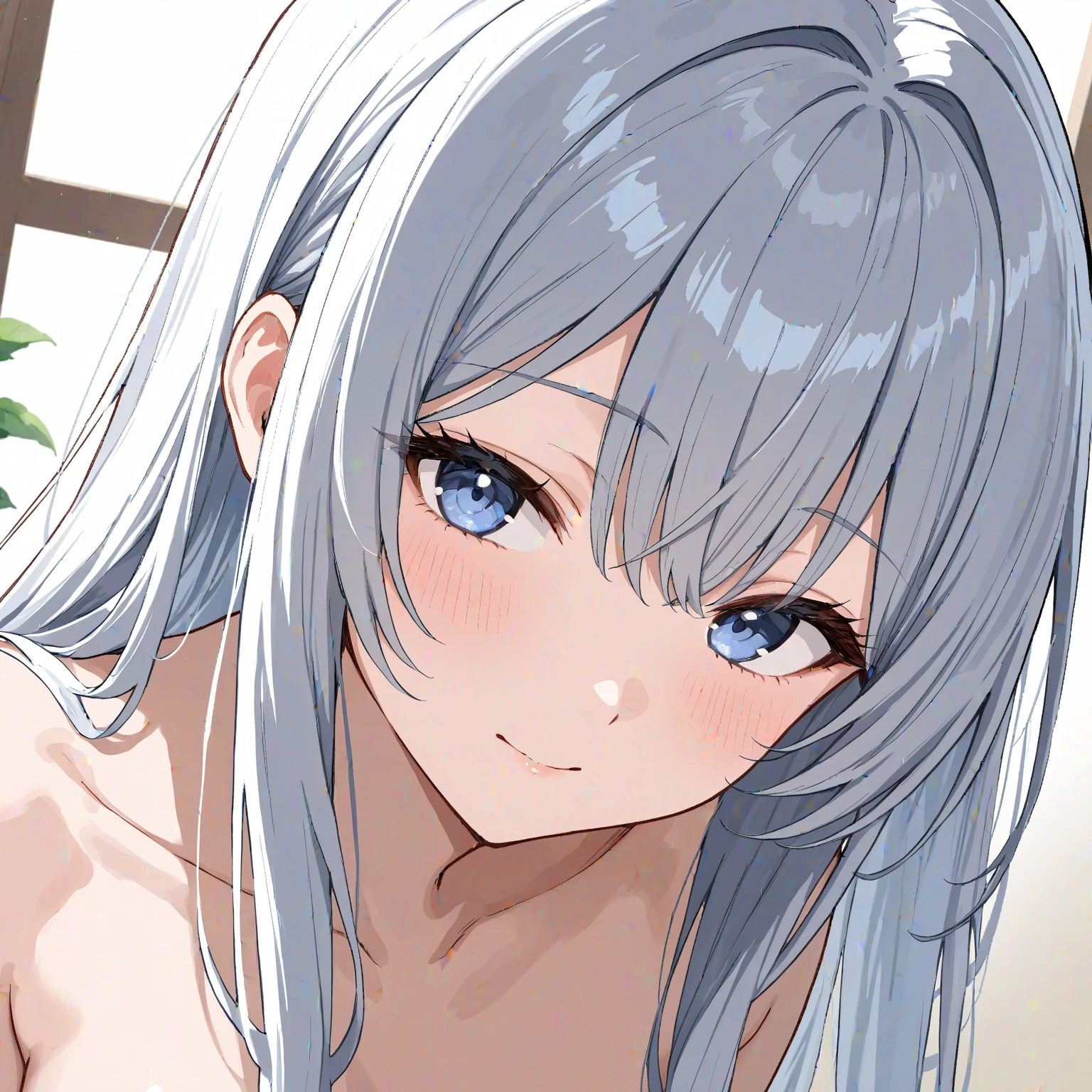 masterpiece, best quality, movie still, 1girl solo, female focus, looking at viewer, smiling, upper body, depth of field, (watercolor illustration, soft pastel colors:1.1), realistic, white hair, white eyes, naked, perky small breasts