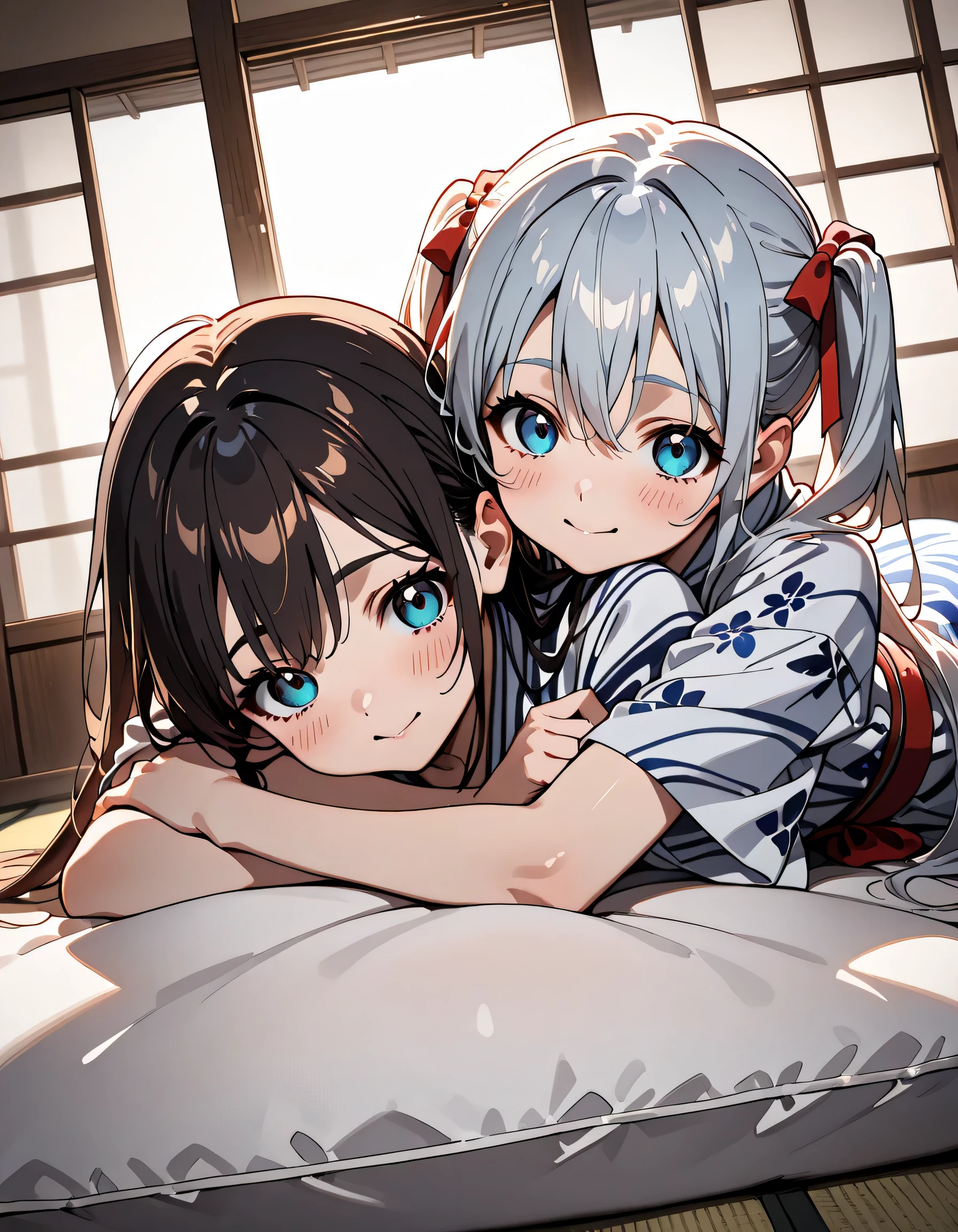 (score_9, score_8_up, score_7_up), source_Anime, absurd_res, white, blue, black, 2girls, duo, upper body, super fine illustration, an extremely delicate and beautiful, best quality, masterpiece, 8K, summer setting, upper body:1.3, moe anime character, (2girls), dainty facial structure, baby face, round face, rounded chin:1.2, ideal ratio body proportions, Marika, Sena, back to back pose, silver hair, black hair, twin tails, black hair bow, black hair, long hair, swept bangs, half updo, aqua eyes, orange eyes, round glasses, (thick eyebrows), yuri:1.3, kiss, face-to-face:1.3, mutual hug:1.3, breast press:1.3, yukata clotch:1.2, lie down on the white futon:1.3, dynamic pose, contrapposto pose, best quality, masterpiece, beautiful detailed sky, sunshine, backlighting, sunshine pouring down, from front, delicate color palette, detailed clothing folds, flowing hair, summer vibe, highly detailed rendering, breathtaking composition,
