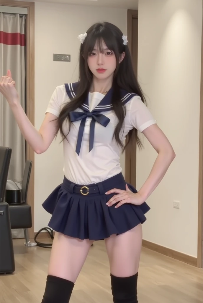((8:photo real))、Photoreal black hair、、((ponytail))、((A sloppy smile:show teeth、the eyes are double and large))、plump cheeks、(16 years old、high school girl)、No makeup、cute、(((White sailor suit:see through:Protruding nipple ))):、ribbon、(no skirt)、, ,((Girl spreading her legs))、short length、(((big breasts :Vagina)))、lighting from below、