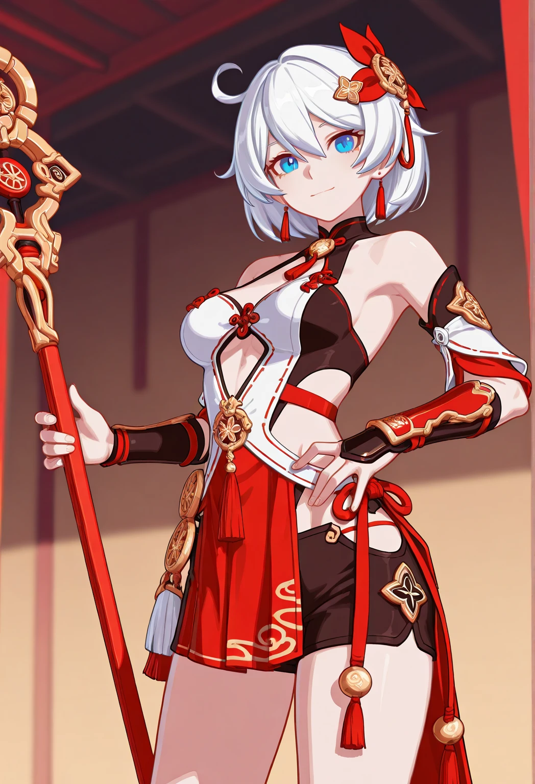 fantasy, 1girl,young_teen, ,silver_hair, short_hair, long_bangs, bare_shoulder,thighhighs,silver_armor, waist_armor, large_breasts,half_eyes,floating, bare_crotch, headgear,gauntlet, greaves,city_background,slightly_spread_legs, solo, groin_naked,hair_over_one_eye,